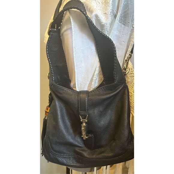 Gucci Jackie black butter cream leather shoulder bag gold hardware bamboo tassel - Picture 13 of 16
